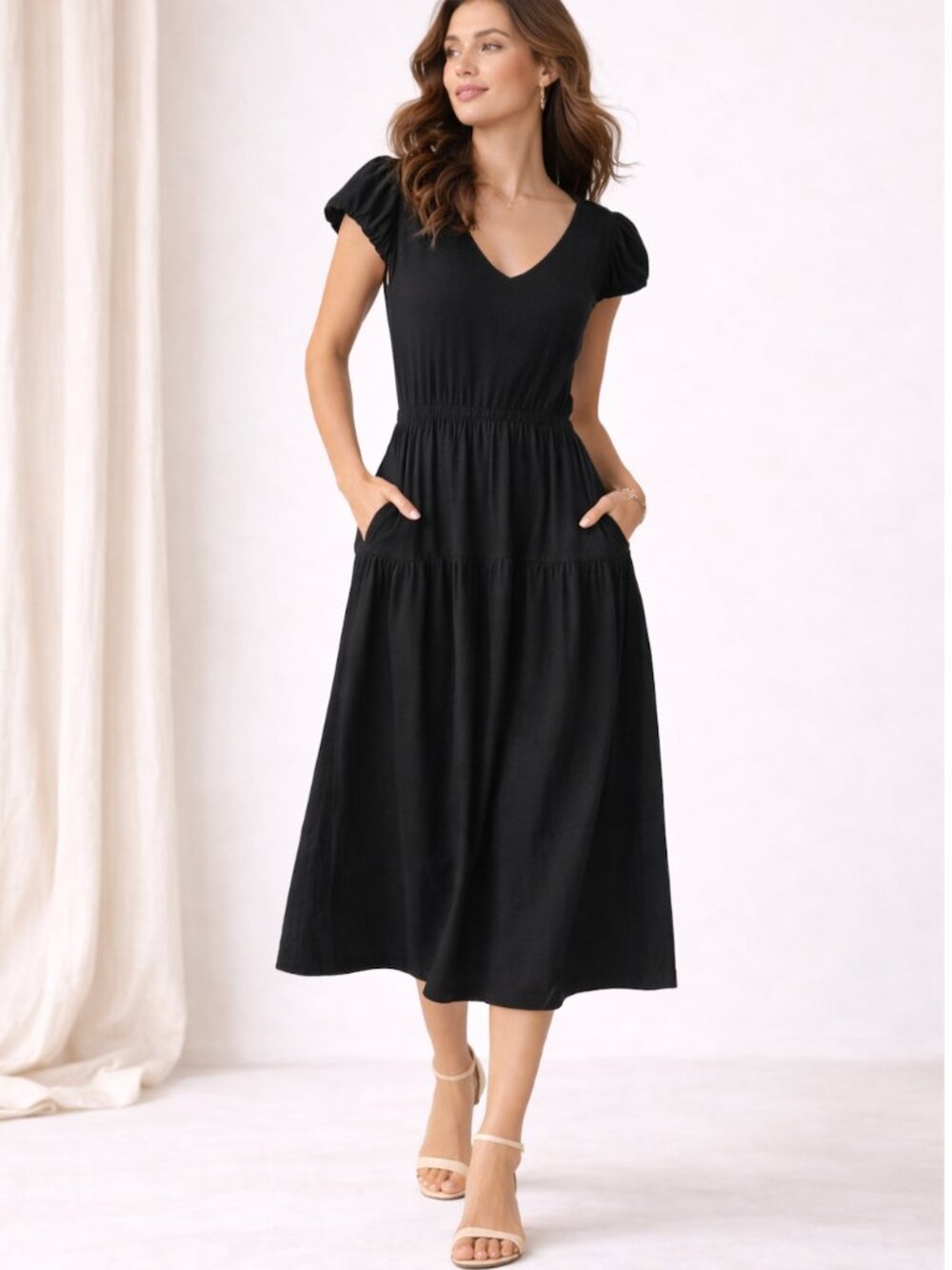 NATION LTD Iliana Black Cotton Midi Dress Puff Sleeve Tiered Flowy Minimalist